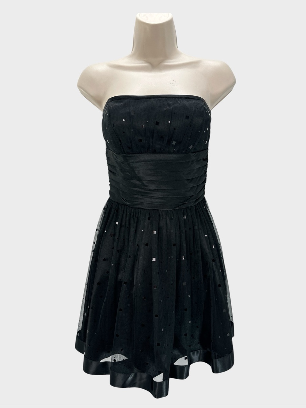 Morgan & Co Black Strapless Sequin Tulle Mini Prom HOCO Dress Y2K McBling 5/6